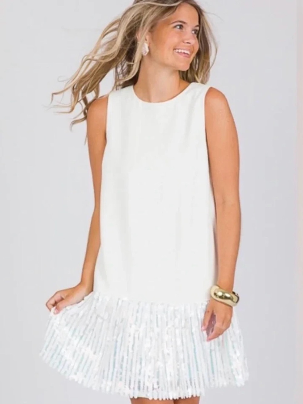 TCEC White Sleeveless Sequin-Hem Shift Dress